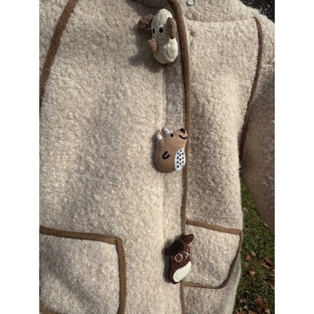 Adorable Cream Sherpa Toddler Hooded Coat |‎ Animal Character Buttons | SZ 6-7Y